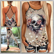 Skull Lover Cross Open Back Tank Top And Leggings