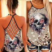 Skull Lover Cross Open Back Tank Top And Leggings